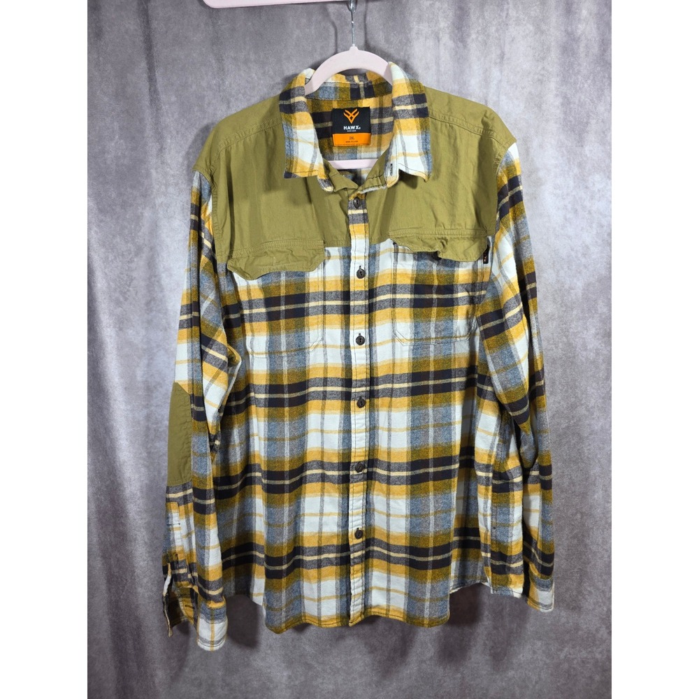 Hawx Workwear Mens 2XL Flannel Plaid‎ Button Down Shirt Canvas Overlays Yellow